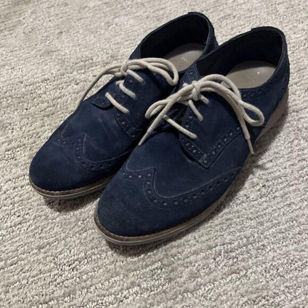 Cole Haan Lunargrand Wingtip Oxford Women 7.5 B Navy Blue Suede Leather Shoe‎